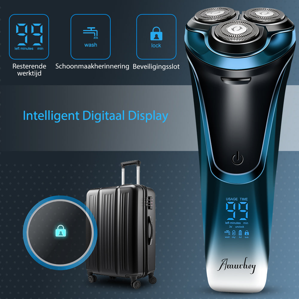 Scheerapparaat voor mannen Pro: Elektrisch nat en droog scheren, incl. GRATIS reisetui & 3 vervangende scheerkoppen