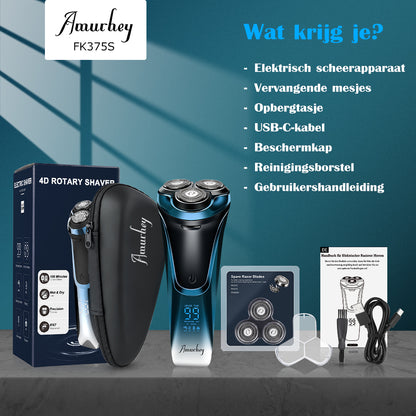 Scheerapparaat voor mannen Pro: Elektrisch nat en droog scheren, incl. GRATIS reisetui & 3 vervangende scheerkoppen